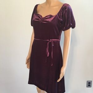 French Connection velvet smocked back dress, puffy draped short sleeve